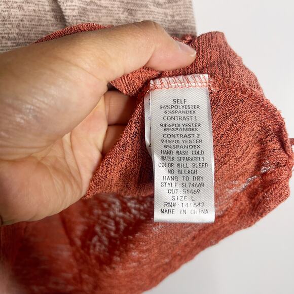 New She + Sky Large L Blue Brown Orange Twist Front Color Block Striped Shirt - Picture 7 of 8